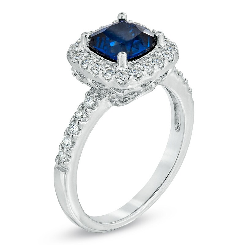 Main Image 2 of 7.0mm Cushion-Cut Lab-Created Blue and White Sapphire Frame Ring in Sterling Silver