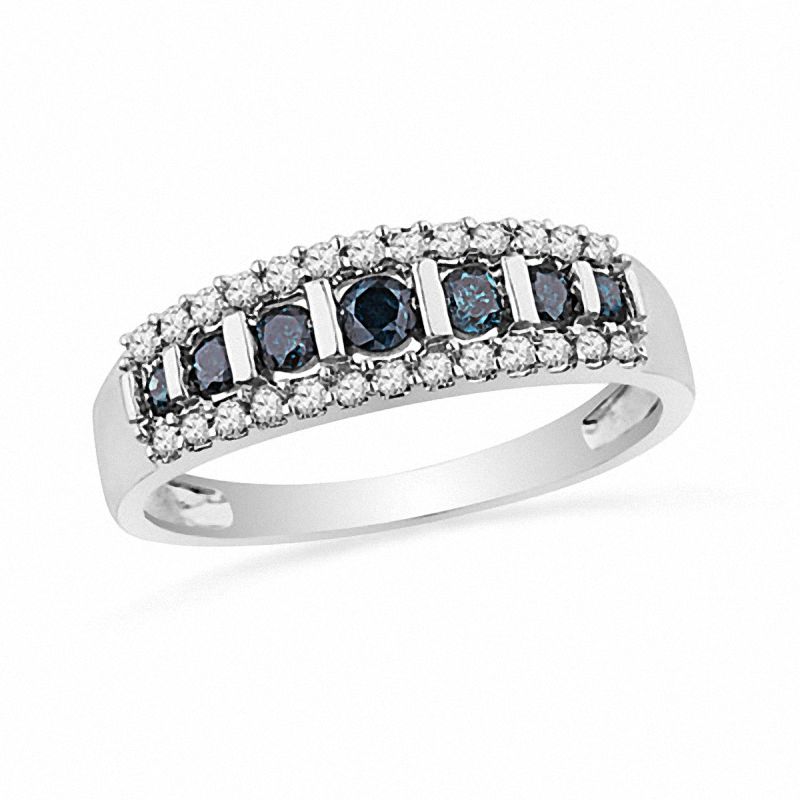 Main Image 1 of 1/2 CT. T.W. Enhanced Blue and White Diamond Stripe Band in 10K White Gold