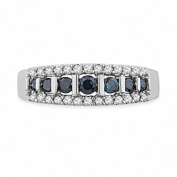 1/2 CT. T.w. Enhanced Blue and White Diamond Stripe Band in 10K White Gold