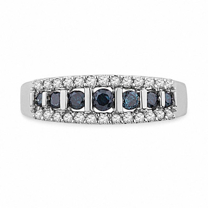 Main Image 2 of 1/2 CT. T.W. Enhanced Blue and White Diamond Stripe Band in 10K White Gold