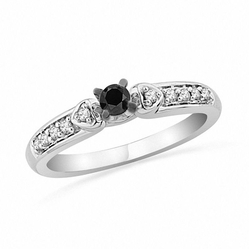 1/5 CT. T.W. Enhanced Black and White Diamond with Side Hearts Promise Ring in 10K White Gold