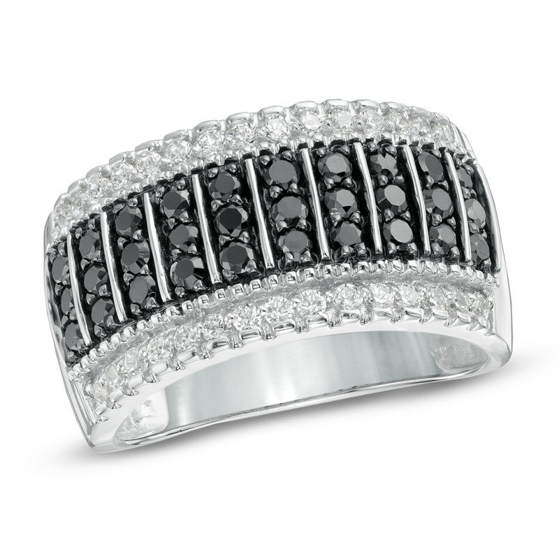 1 CT. T.W. Enhanced Black and White Diamond Stripe Fashion Band in 10K White Gold