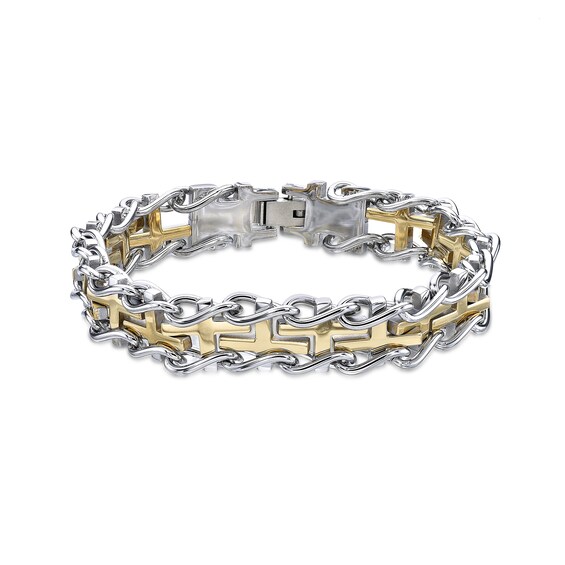 Yellow IP Railroad Cross Link Bracelet in Stainless Steel - 8.5"
