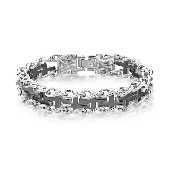 Black IP Railroad Cross Link Bracelet in Stainless Steel - 8.5"