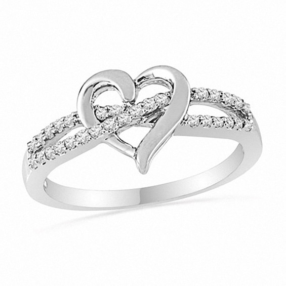 1/8 CT. T.w. Diamond Heart Outline Split Shank Promise Ring in Sterling Silver