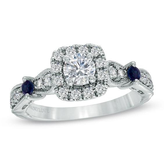 Vera Wang Love Collection 3/4 CT. T.w. Diamond and Blue Sapphire Vintage-Style Ring 14K White Gold