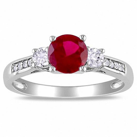 6.0mm Lab-Created Ruby and White Sapphire Three Stone Ring in 10K White Gold with Diamond Accents