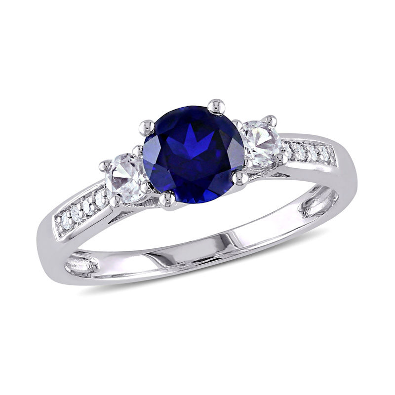 Blue and White Sapphire Ring: 1.94 ctw Ceylon Pear Blue and Trillon White  Sapphire Past Present Future Ring in 14k white gold (SBR-110)