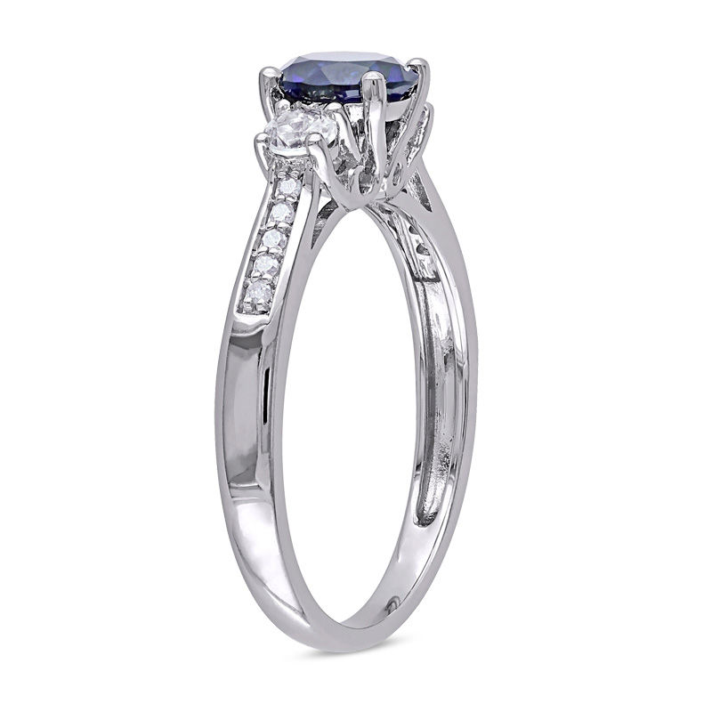 6.0mm Lab-Created Blue and White Sapphire Three Stone Engagement Ring in 10K White Gold with Diamond Accents