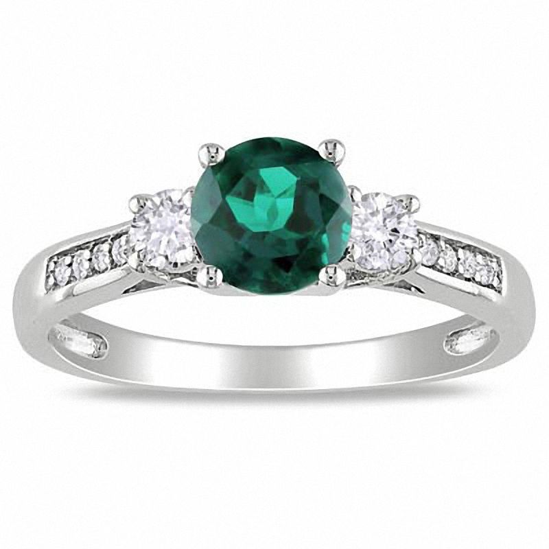 6.0mm Lab-Created Emerald and White Sapphire Three Stone Engagement Ring in 10K White Gold with Diamond Accents
