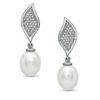 Thumbnail Image 1 of Honora 7.5-8.0mm Freshwater Cultured Pearl and 1/10 CT. T.W. Diamond Leaf Earrings in Sterling Silver