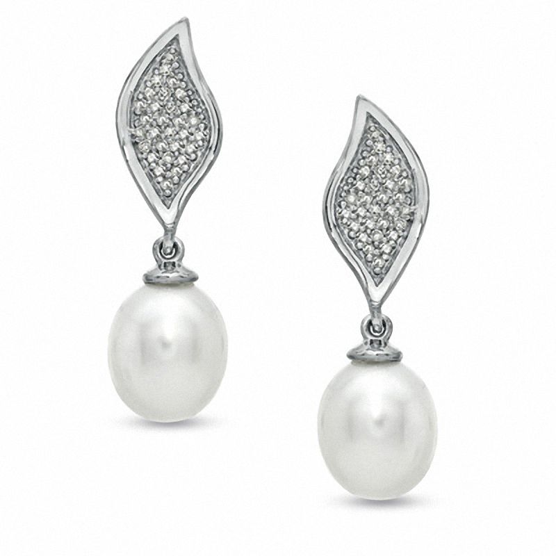 Main Image 1 of Honora 7.5-8.0mm Freshwater Cultured Pearl and 1/10 CT. T.W. Diamond Leaf Earrings in Sterling Silver