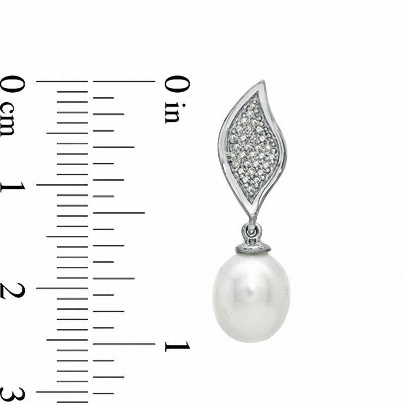 Main Image 2 of Honora 7.5-8.0mm Freshwater Cultured Pearl and 1/10 CT. T.W. Diamond Leaf Earrings in Sterling Silver