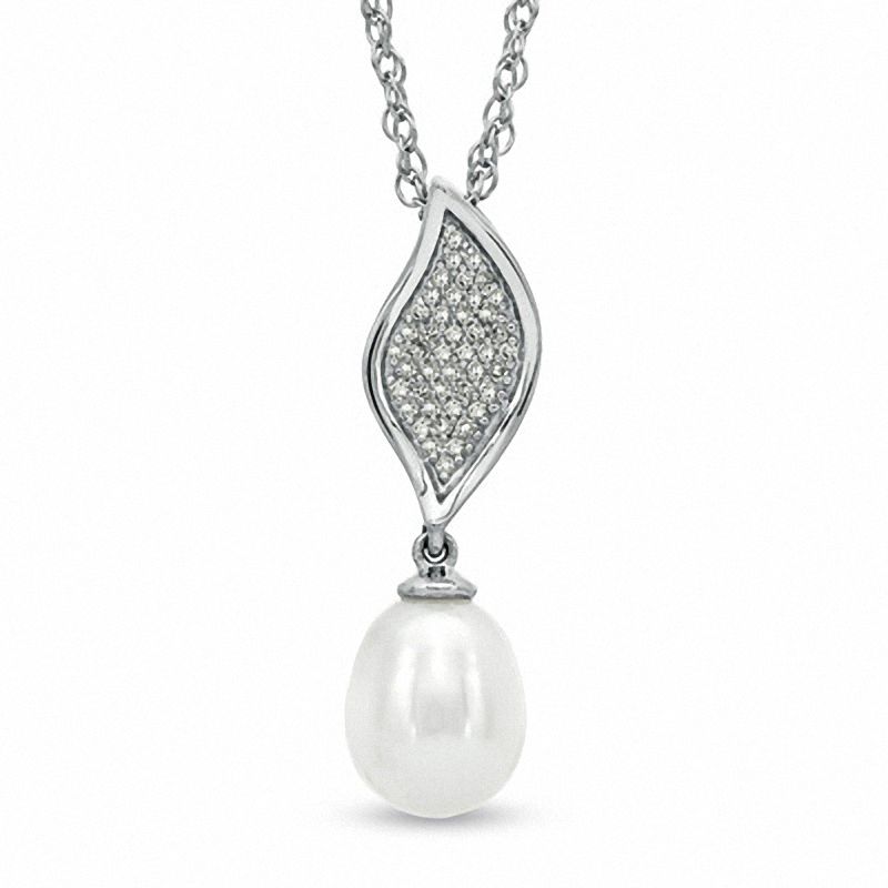 Honora 8.0 - 8.5mm Cultured Freshwater Pearl and Diamond Accent Leaf Pendant in Sterling Silver