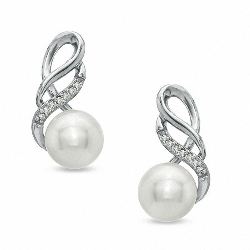 Main Image 1 of Honora 6.5-7.0mm Freshwater Cultured Pearl and Diamond Accent Swirl Earrings in Sterling Silver
