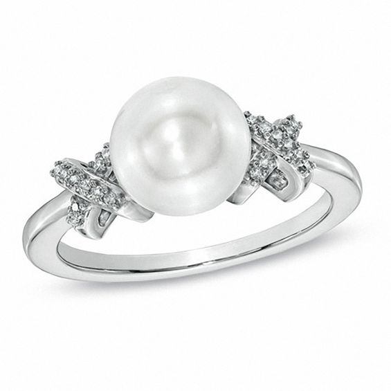 Honora 7.0-7.5mm Freshwater Cultured Pearl and Diamond Accent "X" Ring in Sterling Silver