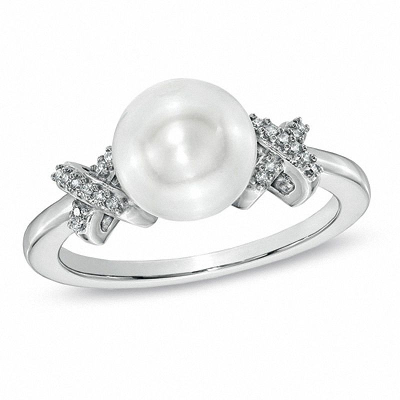 Main Image 1 of Honora 7.0-7.5mm Freshwater Cultured Pearl and Diamond Accent "X" Ring in Sterling Silver