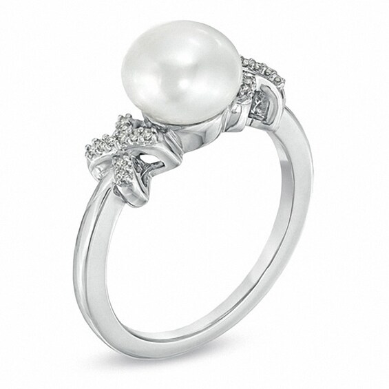 Honora 7.0-7.5mm Freshwater Cultured Pearl and Diamond Accent "X" Ring in Sterling Silver