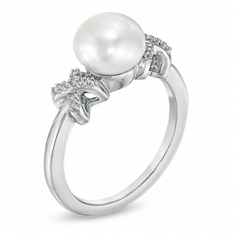 Main Image 2 of Honora 7.0-7.5mm Freshwater Cultured Pearl and Diamond Accent "X" Ring in Sterling Silver