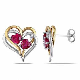 Lab-Created Heart-Shaped Ruby and Diamond Accent Double Heart Earrings in Two-Tone Sterling Silver