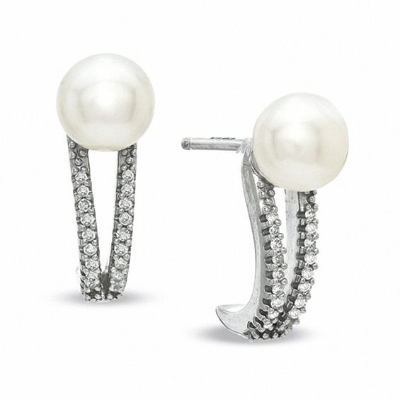 Honora 6.5-7.0mm Freshwater Cultured Pearl and 1/10 CT. T.w. Diamond Earrings in Sterling Silver
