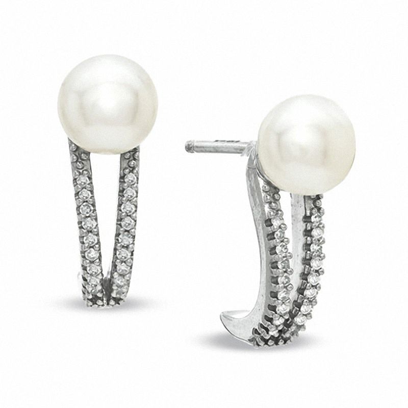 Main Image 1 of Honora 6.5-7.0mm Freshwater Cultured Pearl and 1/10 CT. T.W. Diamond Earrings in Sterling Silver