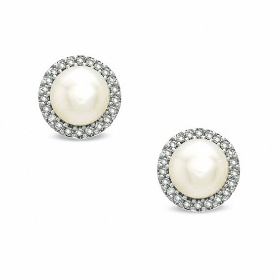 Honora 5.5-6.0mm Freshwater Cultured Pearl and 1/10 CT. T.w. Diamond Frame Earrings in Sterling Silver