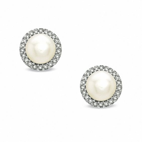 Honora 5.5 - 6.0mm Cultured Freshwater Pearl and 1/10 CT. T.w. Diamond Frame Earrings in Sterling Silver