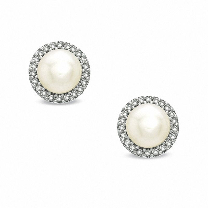 Main Image 1 of Honora 5.5-6.0mm Freshwater Cultured Pearl and 1/10 CT. T.W. Diamond Frame Earrings in Sterling Silver