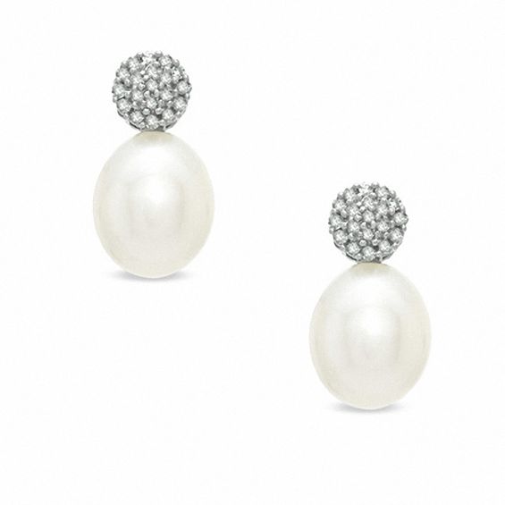 Honora 7.5-8.0mm Freshwater Cultured Pearl and Diamond Accent Drop Earrings in Sterling Silver
