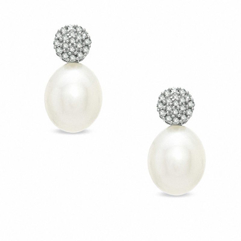 Main Image 1 of Honora 7.5-8.0mm Freshwater Cultured Pearl and Diamond Accent Drop Earrings in Sterling Silver