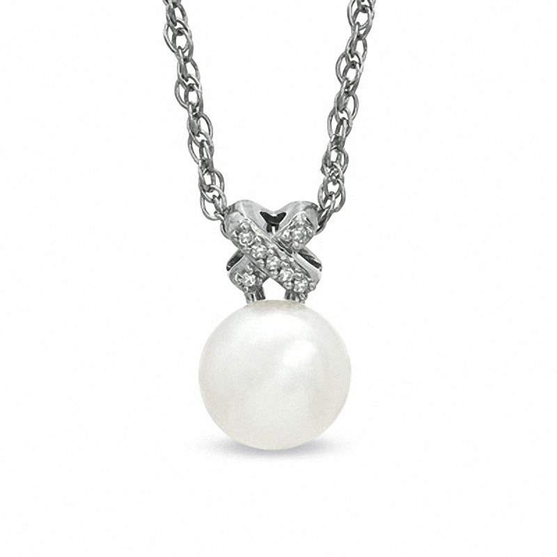 Main Image 1 of Honora 7.5-8.0mm Freshwater Cultured Pearl and Diamond Accent "X" Pendant in Sterling Silver