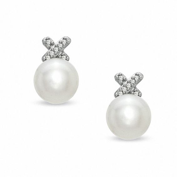 Honora 7.0-7.5mm Freshwater Cultured Pearl and Diamond Accent "X" Earrings in Sterling Silver