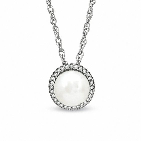 Honora 7.5-8.0mm Freshwater Cultured Pearl and Diamond Accent Frame Pendant in Sterling Silver