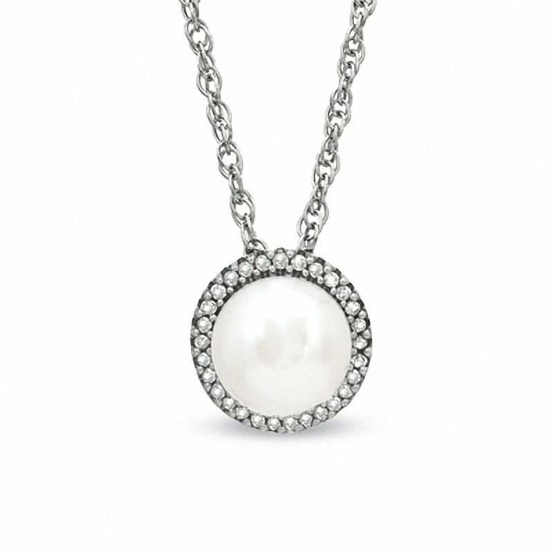 Main Image 1 of Honora 7.5-8.0mm Freshwater Cultured Pearl and Diamond Accent Frame Pendant in Sterling Silver