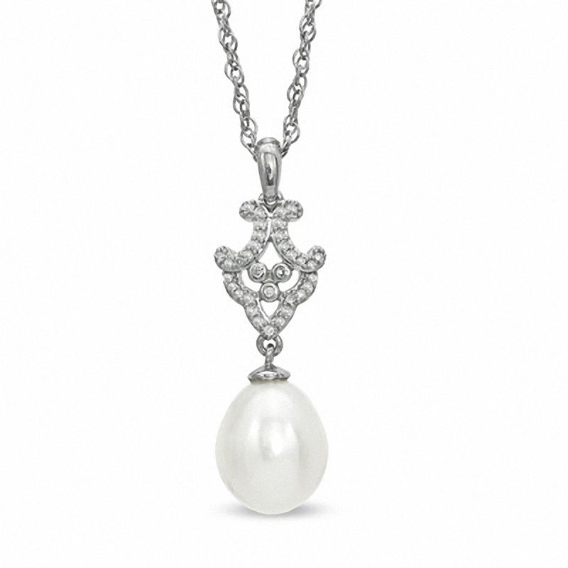 9.0 - 9.5mm Cultured Freshwater Pearl and 1/10 CT. T.W. Diamond Chandelier Pendant in Sterling Silver