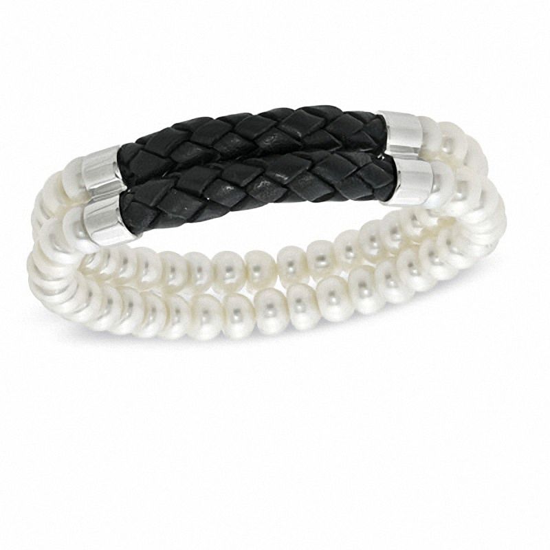 Main Image 1 of Honora 7.0-7.5mm Freshwater Cultured Pearl and Black Braided Leather Double Strand Bracelet-7.5"