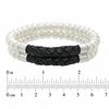 Thumbnail Image 2 of Honora 7.0-7.5mm Freshwater Cultured Pearl and Black Braided Leather Double Strand Bracelet-7.5"