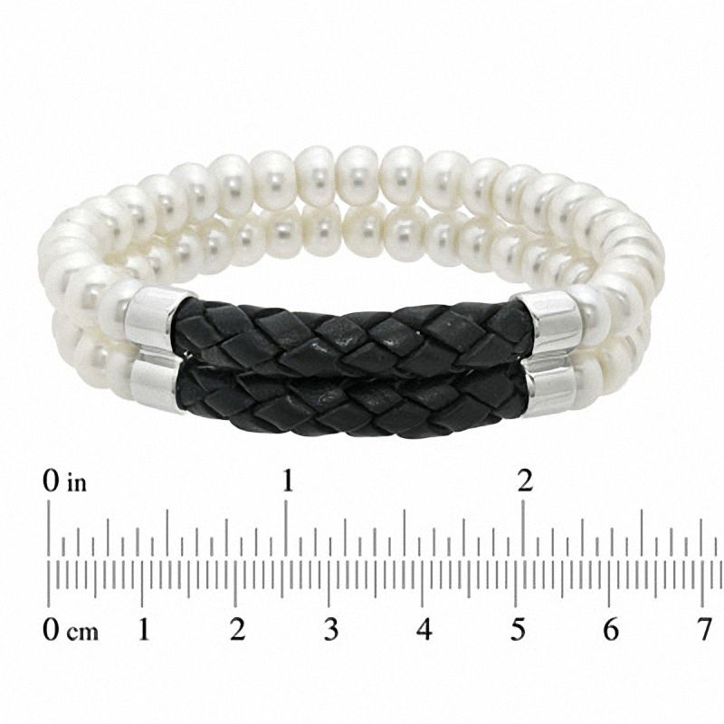 Main Image 2 of Honora 7.0-7.5mm Freshwater Cultured Pearl and Black Braided Leather Double Strand Bracelet-7.5"