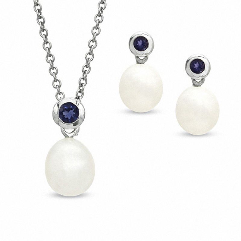 Main Image 1 of Honora 8.0-8.5mm Freshwater Cultured Pearl and Iolite Pendant and Earrings Set in Sterling Silver