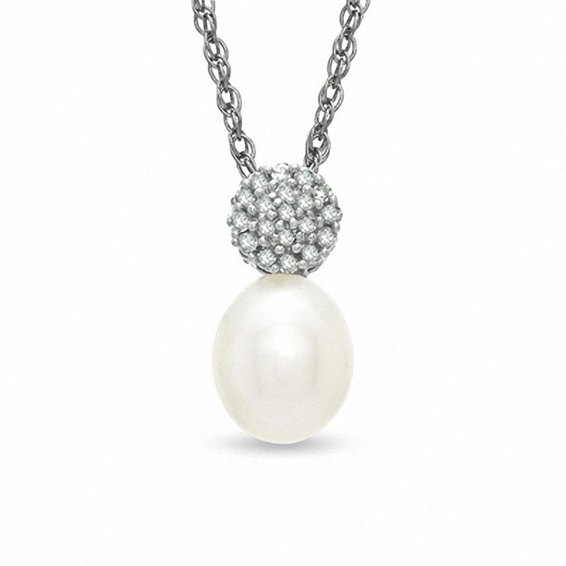 Main Image 1 of Honora 7.5-8.0mm Freshwater Cultured Pearl and Diamond Accent Pendant in Sterling Silver