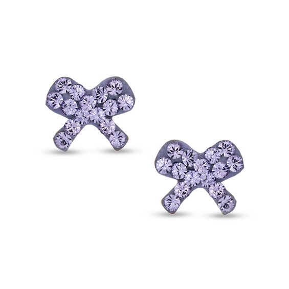 Child's Purple Crystal Bow Earrings in 14K Gold