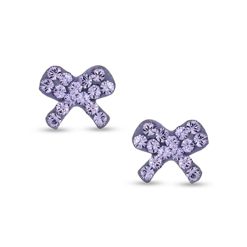 Main Image 1 of Child's Purple Crystal Bow Earrings in 14K Gold