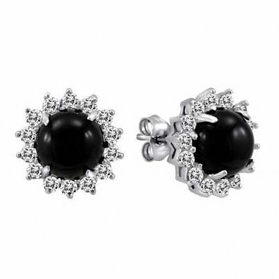 8.0mm Onyx and White Topaz Frame Stud Earrings in Sterling Silver