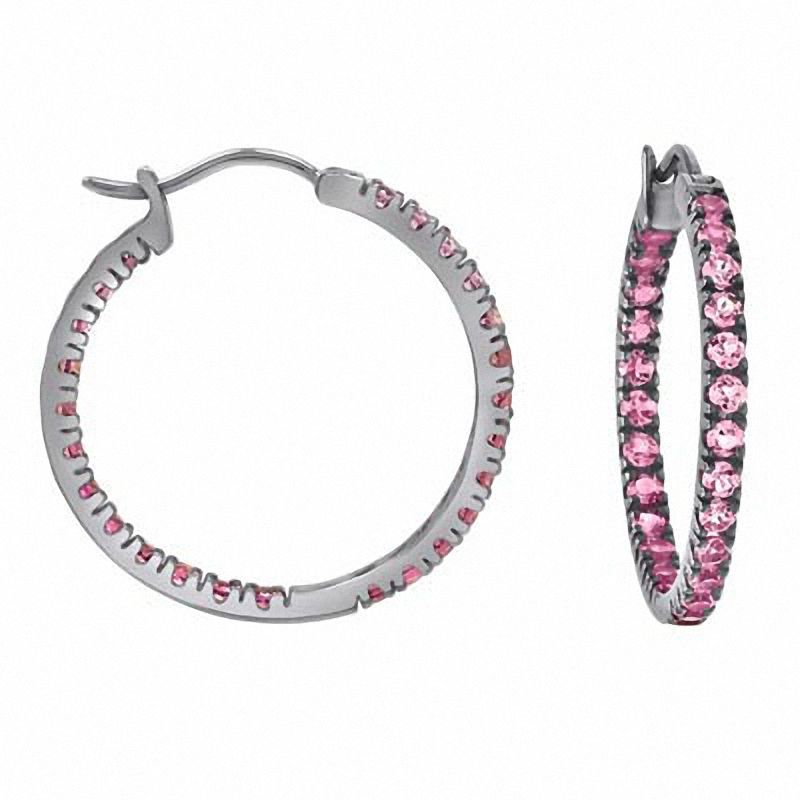 Main Image 1 of Lab-Created Pink Sapphire Inside-Out Hoop Earrings in Sterling Silver