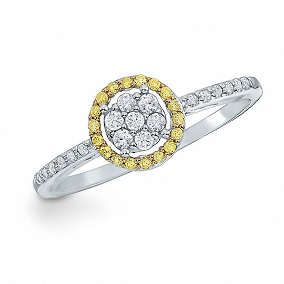 1/4 CT. T.w. Yellow and White Diamond Circle Frame Ring in 10K White Gold