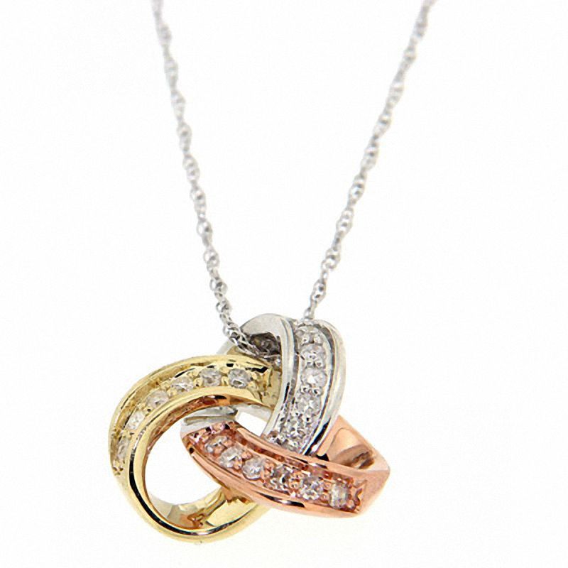 Main Image 1 of 1/7 CT. T.W. Diamond Knot Pendant in 10K Tri-Tone Gold