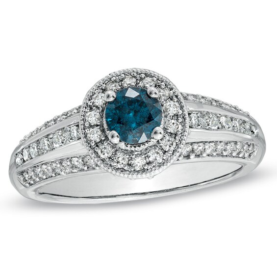 1 CT. T.w. Enhanced Blue and White Diamond Engagement Ring in 14K White Gold
