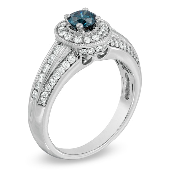 1 CT. T.w. Enhanced Blue and White Diamond Engagement Ring in 14K White Gold