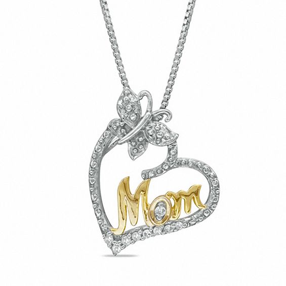 Diamond Accent Heart with Mom Pendant in Sterling Silver and 14K Gold Plate